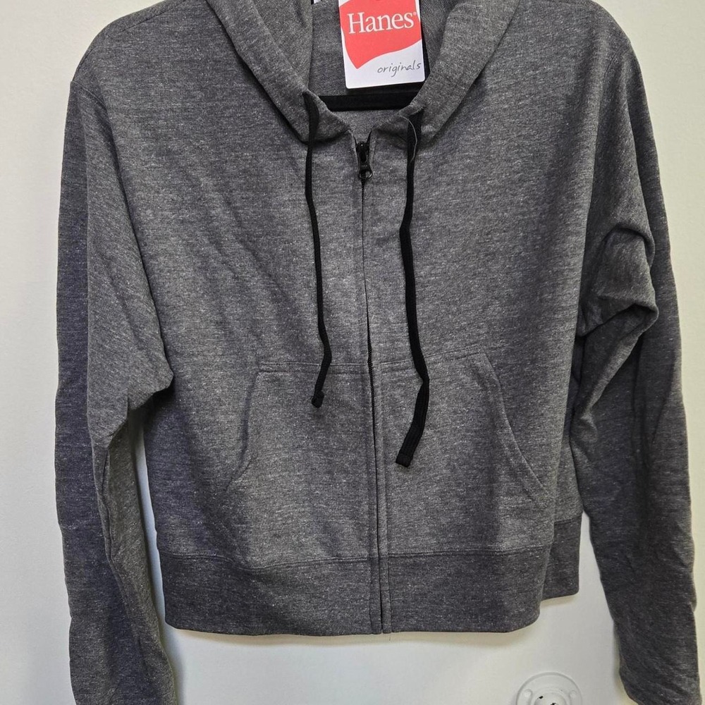 Hanes Originals Womens Cropped Zip Up Hoodie Charcoal Heather Gray WFT587 Medium